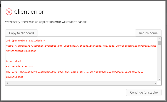 Client error dialog in Aurena with report open.